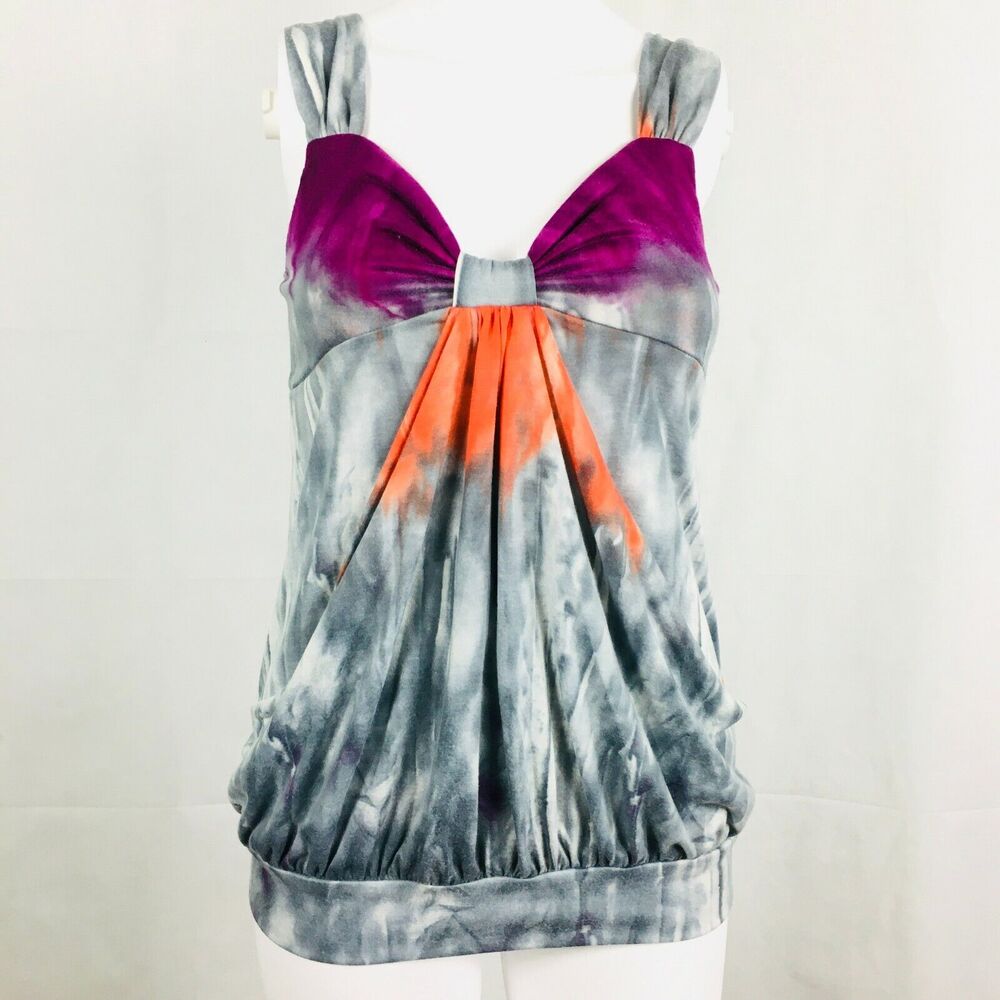 Robin K. Shirt Womens Sz S‎ Knit Purple Gray Orange Tie Dye Pleated Bow Tank Top